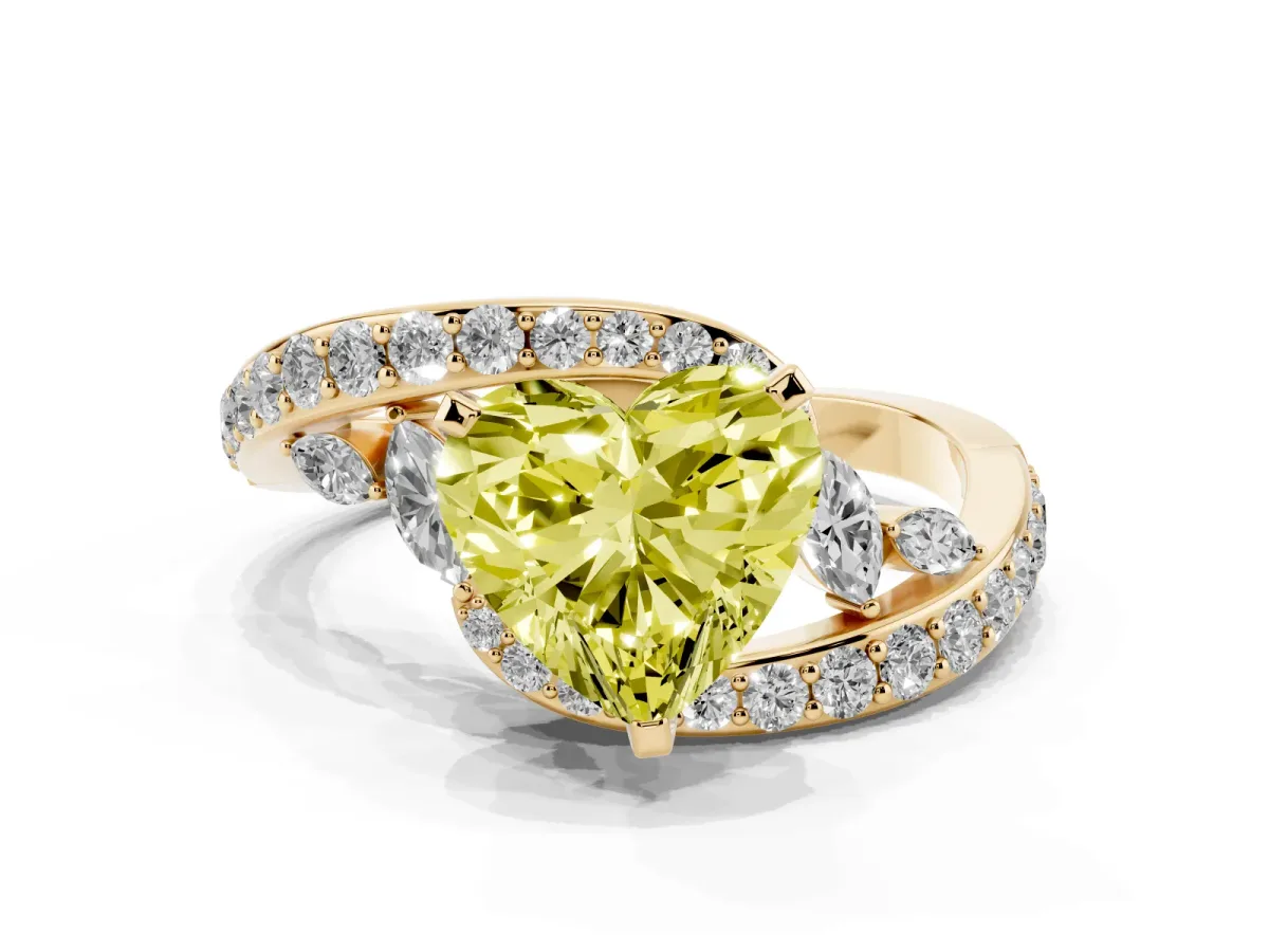 Fancy Yellow Heart Cut Solitaire with Pavé Twist Band and Four-Prong Setting Yellow gold