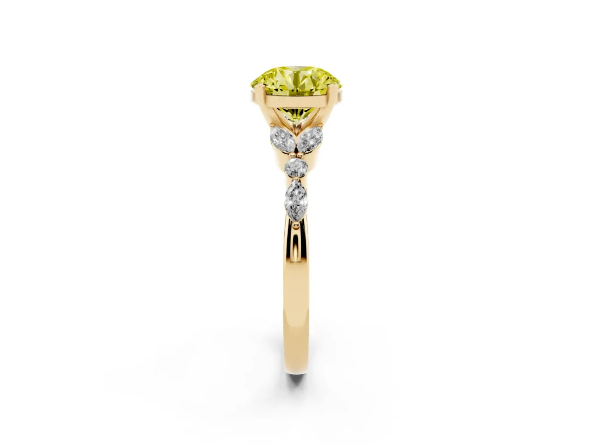 Fancy Yellow Round Cut Diamond Solitaire Ring with Side Stones and Four-Prong Setting Yellow gold