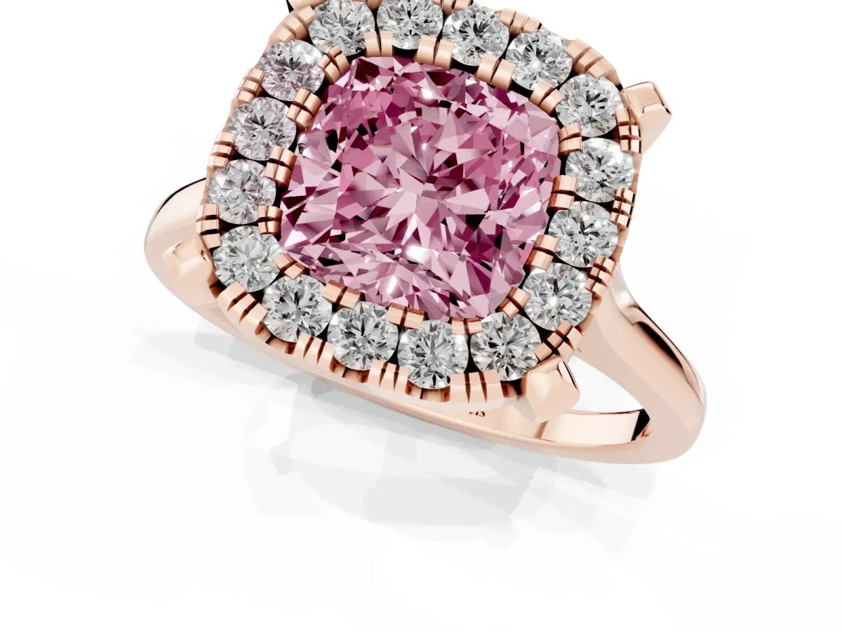 Fancy Pink Cushion Cut Diamond Cluster Halo Solitaire with Four-Prong Setting Rose gold