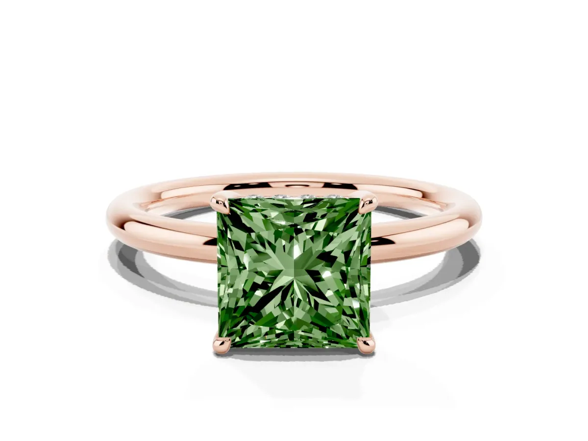 Fancy Green Princess Cut Diamond Solitaire Ring with Thin Band and Four-Prong Setting Rose gold