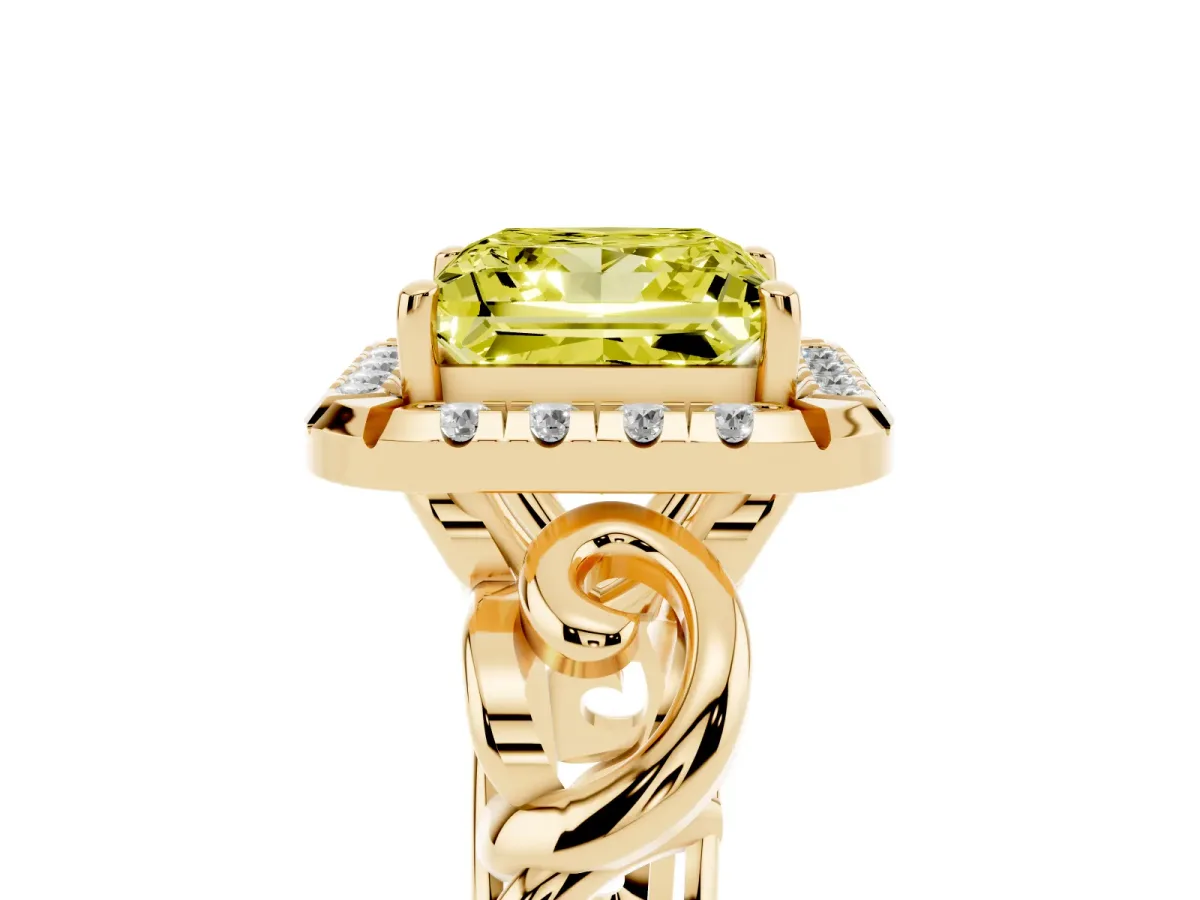Fancy Yellow Princess Cut Cut Halo Diamond Ring with Scrollwork Band and Four-Prong Setting Yellow gold