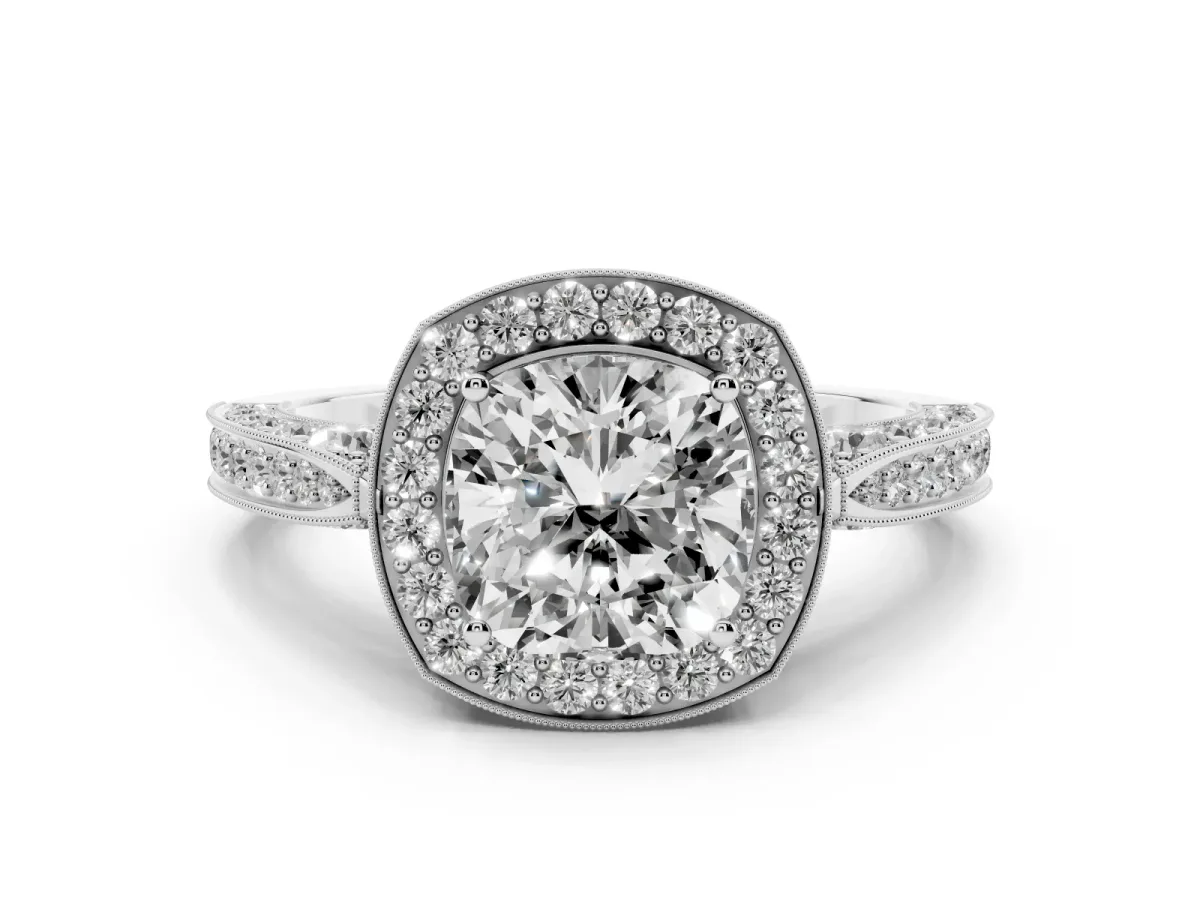 Cushion Cut Halo Diamond Engagement Ring with Split Shank Band and Four-Prong Setting Silver