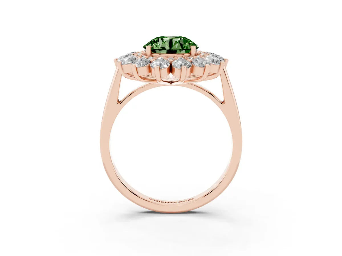 Fancy Green Round Cut Diamond Floral Double Halo Engagement Ring with Prong Setting Rose gold