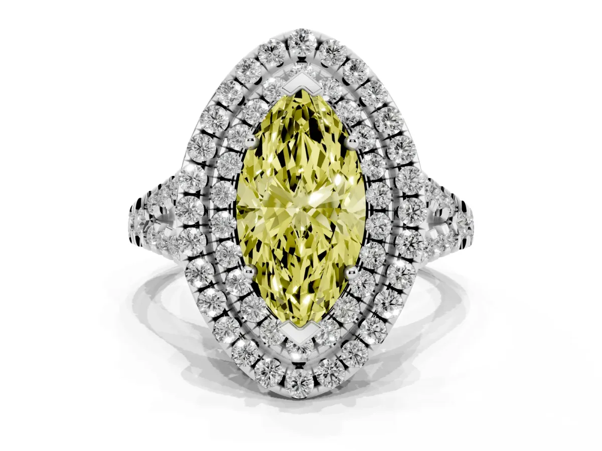 Fancy Yellow Double Halo Marquise Cut Diamond Pavé Split Shank Ring with Prong Setting Silver