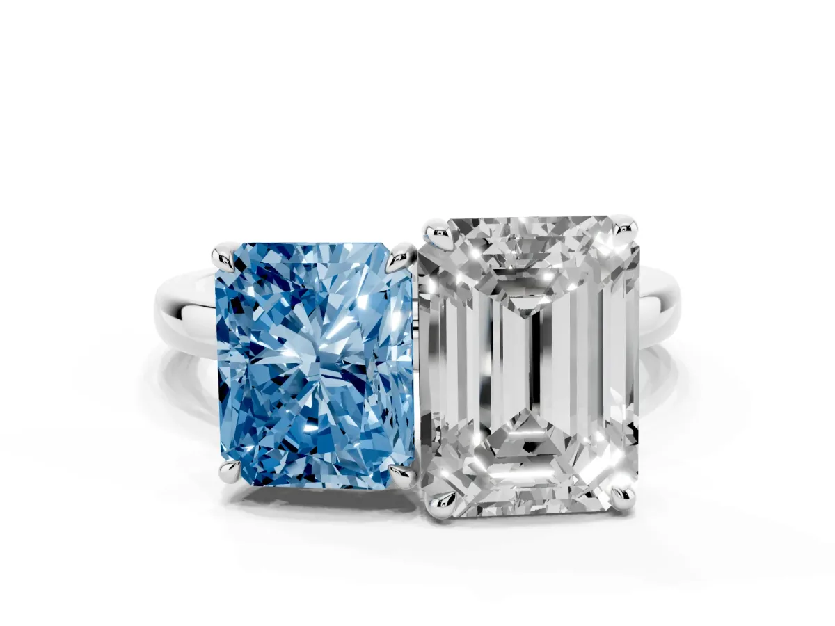 Fancy Blue Radiant Cut and Emerald Cut Toi Moi Ring with Prong Setting Silver