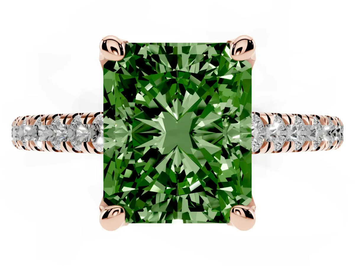 Fancy Green Radiant Cut Brilliant Diamond Solitaire with Pavé Band and Four-Prong Setting Rose gold