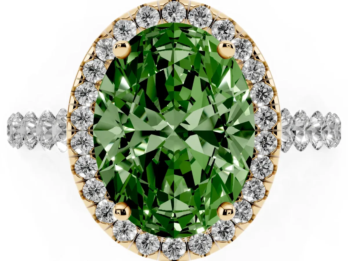 Fancy Green Oval Cut Halo Pavé Diamond Engagement Ring with Four-Prong Setting Yellow gold