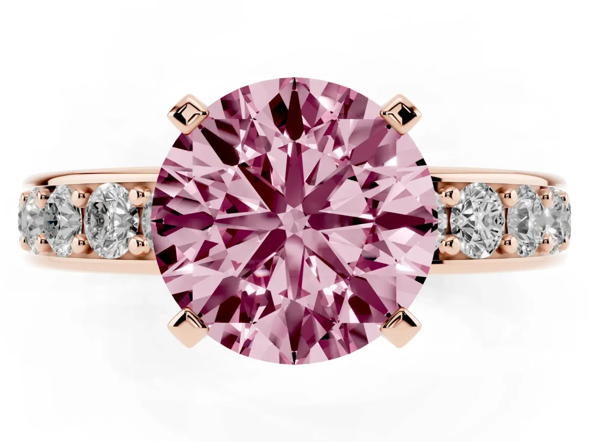 Fancy Pink Round Cut Diamond Engagement Ring with Channel Set Round Band and Prong Setting Rose gold