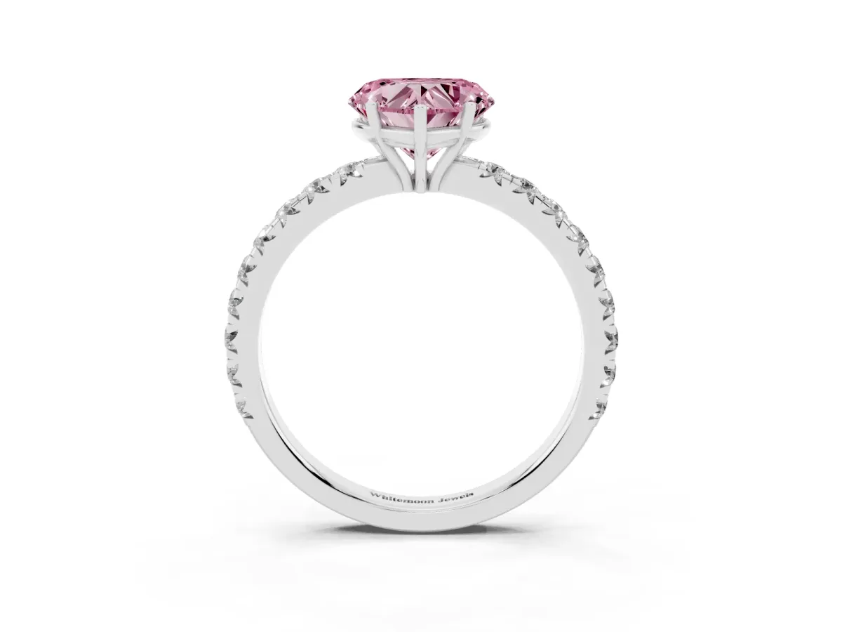Fancy Pink Heart Cut Diamond Pavé Solitaire Engagement Ring with Four-Prong Setting Silver