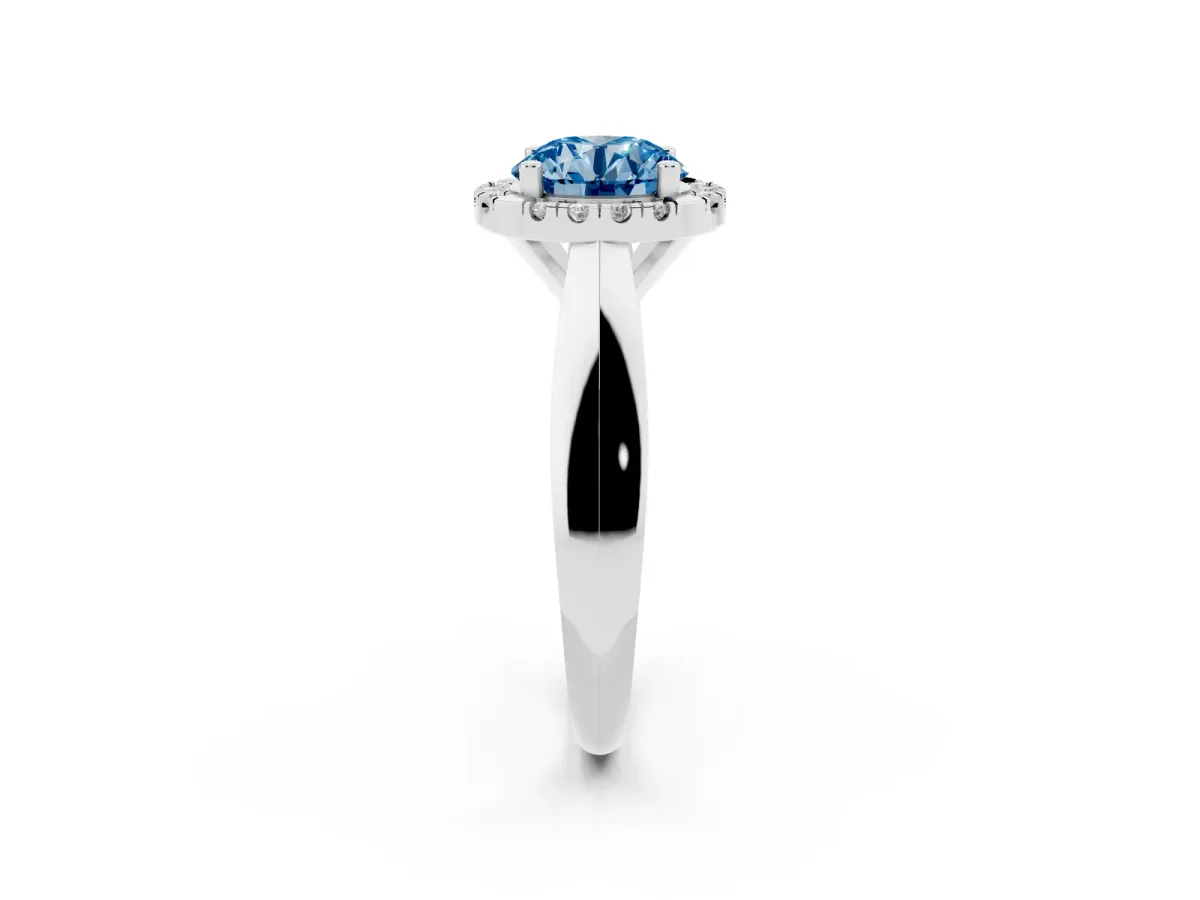 Fancy Blue Round Cut Cut Halo Solitaire Engagement Ring with Square Band and Four-Prong Setting Silver