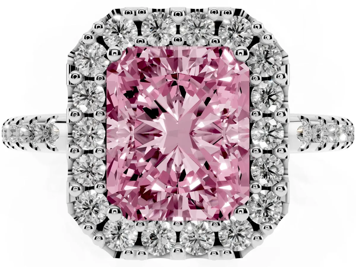 Fancy Pink Radiant Cut Diamond Pavé Halo Ring with Four-Prong Setting Silver