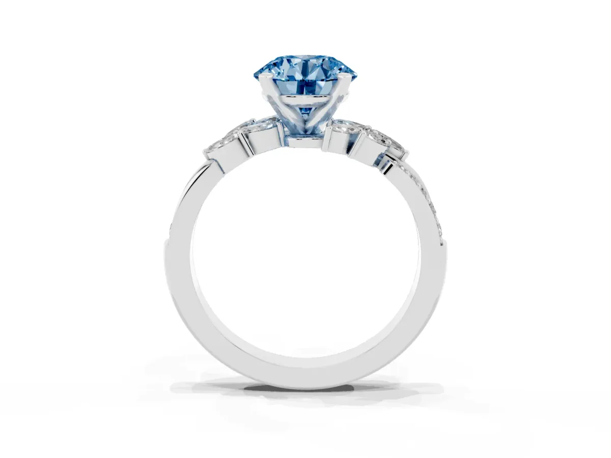 Fancy Blue Round Cut Solitaire Marquise Twist Band with Six-Prong Setting Silver