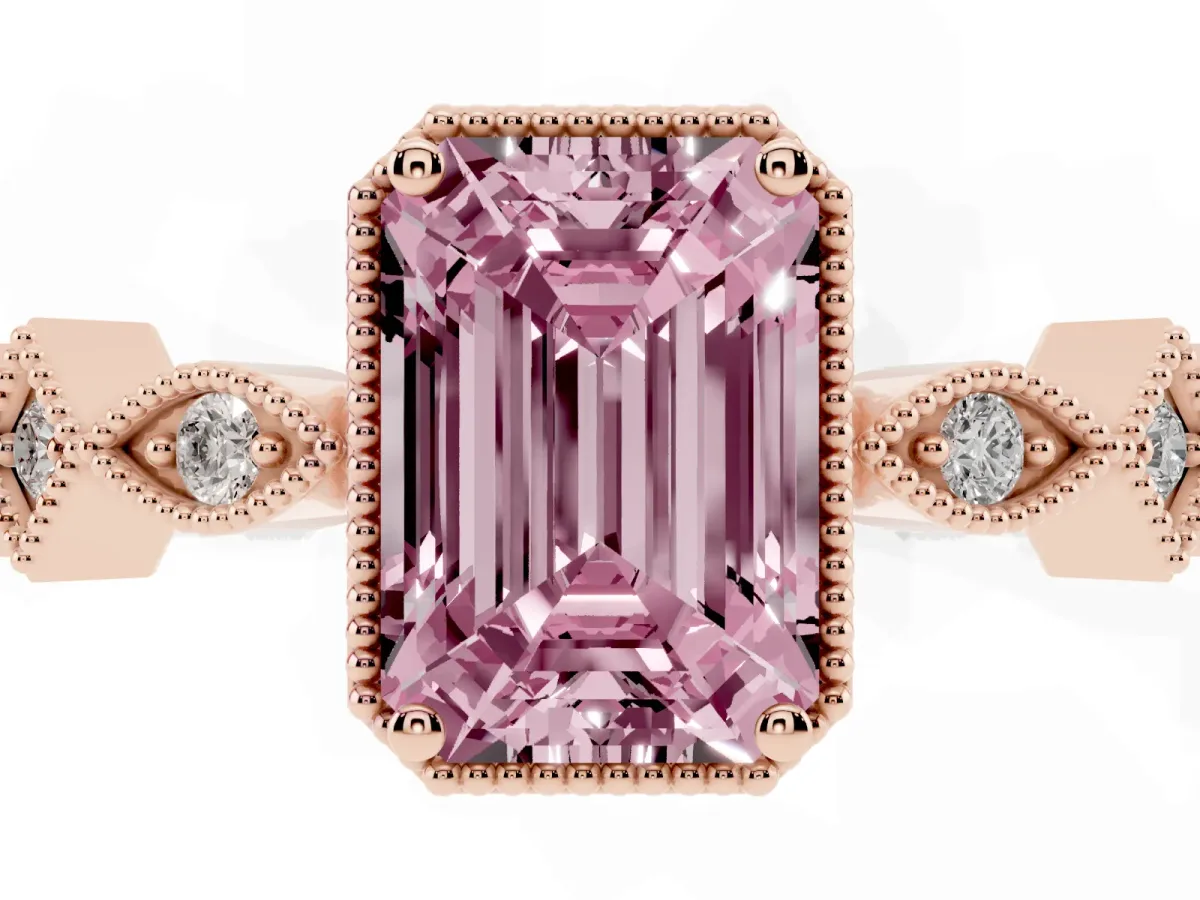 Fancy Pink Emerald Cut Milgrain Marquise Diamond Twist Band Ring Rose gold
