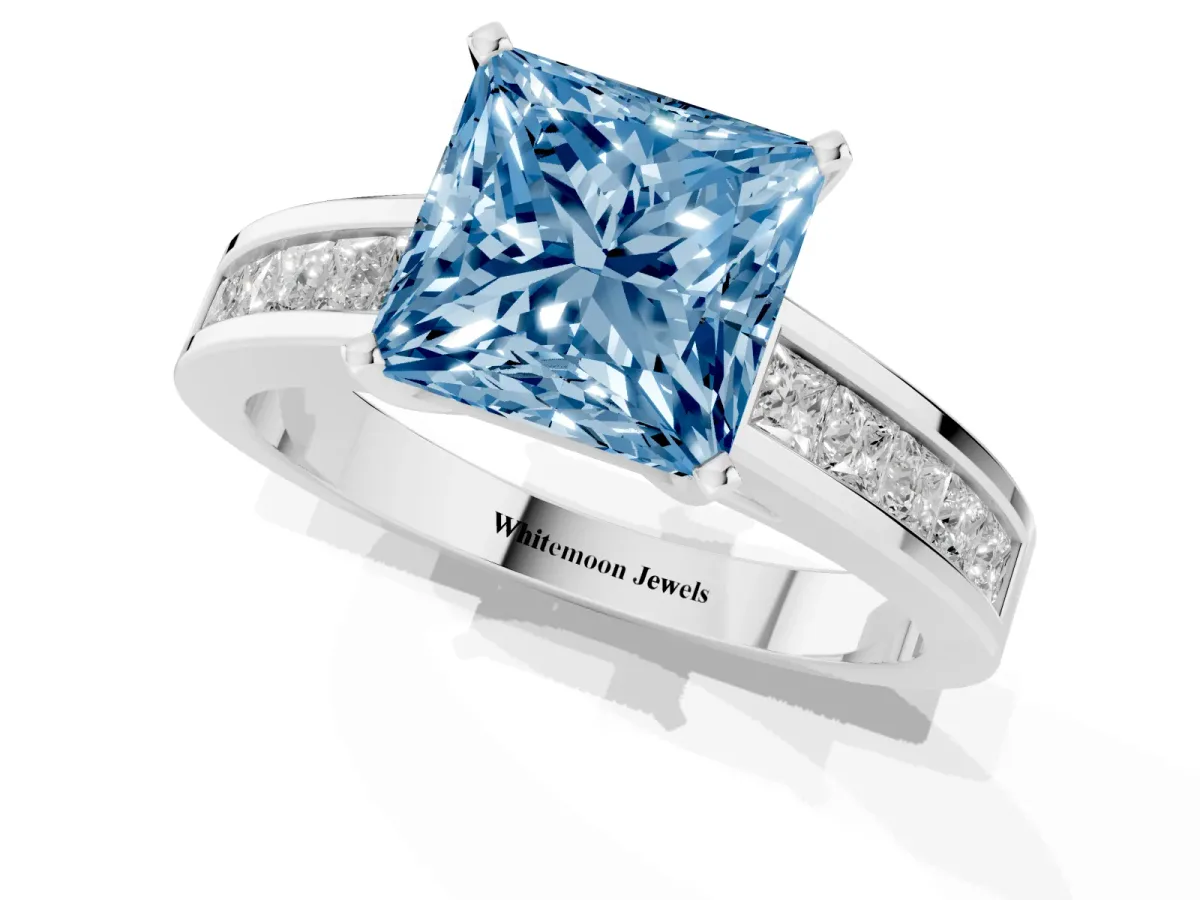 Fancy Blue Princess Cut Solitaire Diamond Ring with Channel-Set Band and Four-Prong Setting Platinum