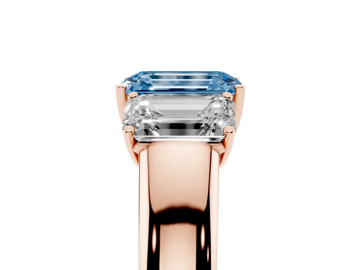 Fancy Blue Three-Stone Emerald Cut Cut Diamond Ring with Prong Setting and Classic Band Rose gold