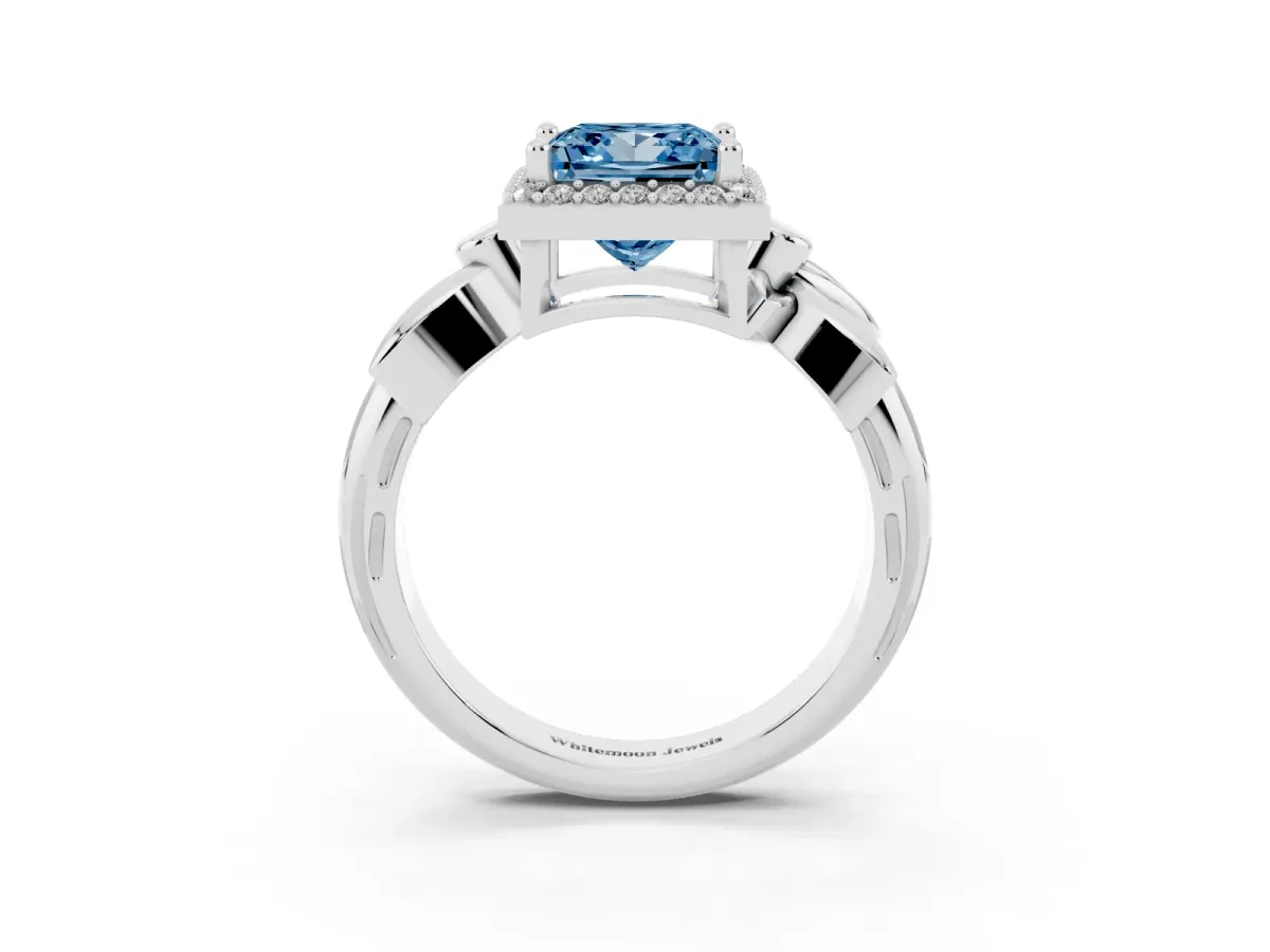 Fancy Blue Princess Cut Halo Diamond Floral Band with Four-Prong Setting Platinum