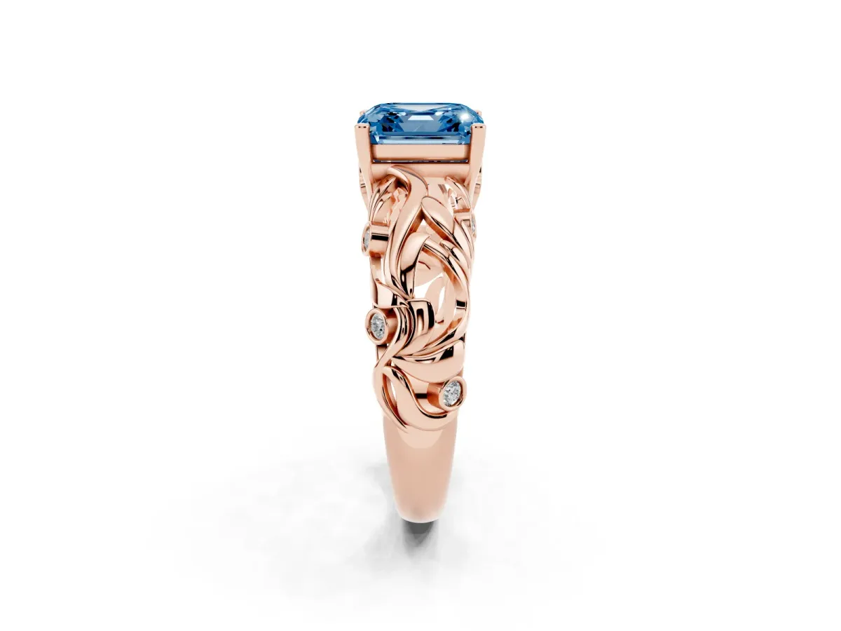 Fancy Blue Asscher Cut Solitaire Diamond Leaf-Inspired Vine Band Ring with Prong Setting Rose gold