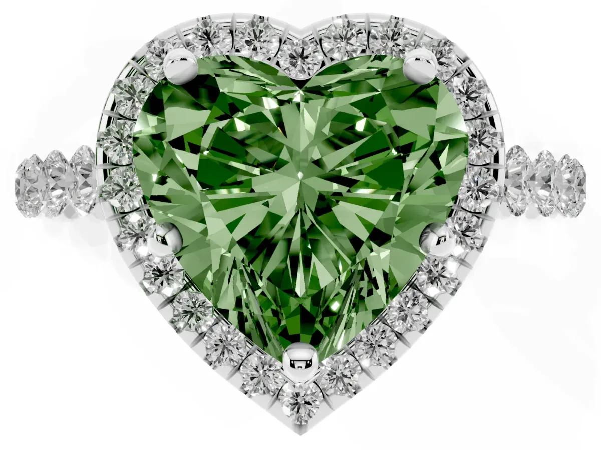 Fancy Green Heart Cut Halo Pavé Diamond Engagement Ring with Four-Prong Setting Silver