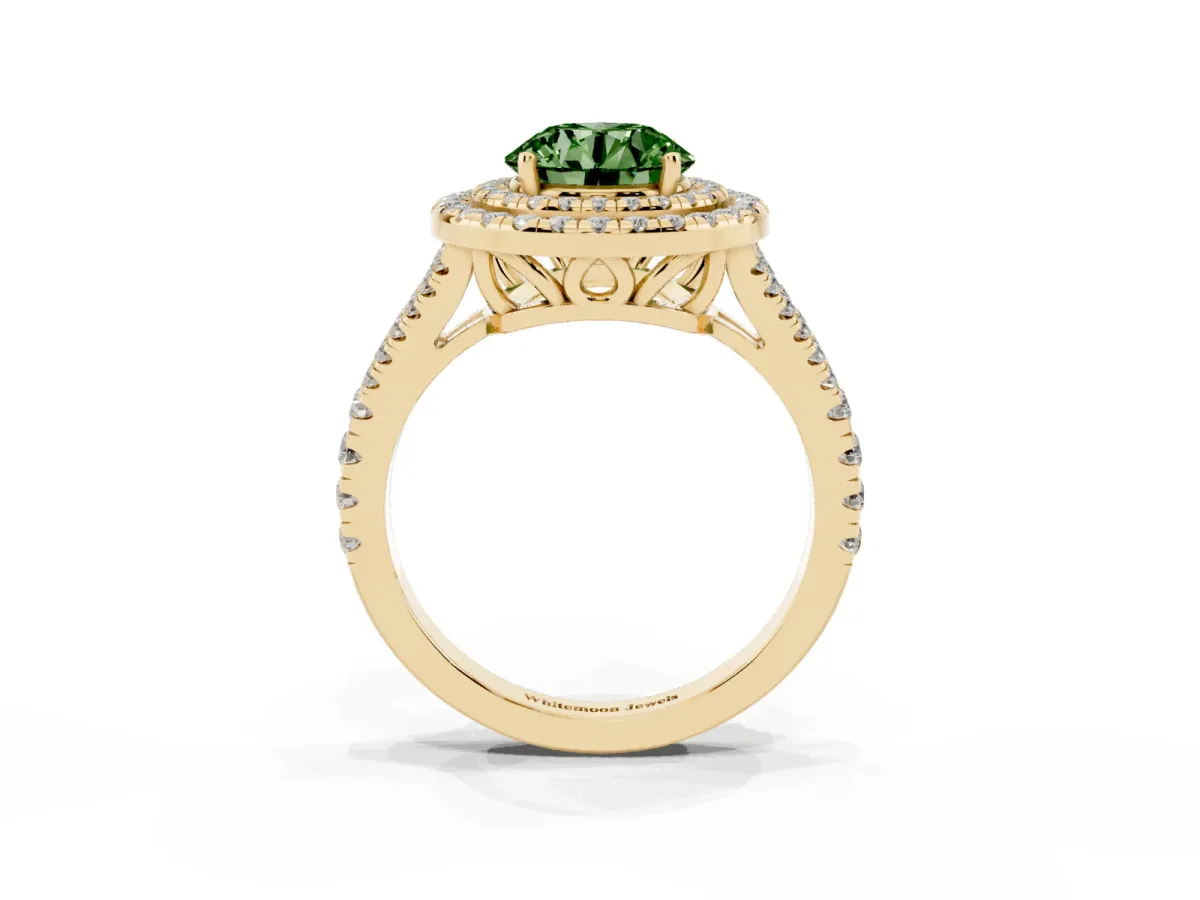 Fancy Green Round Cut Diamond Double Halo Ring with Pavé Band and Prong Setting Yellow gold