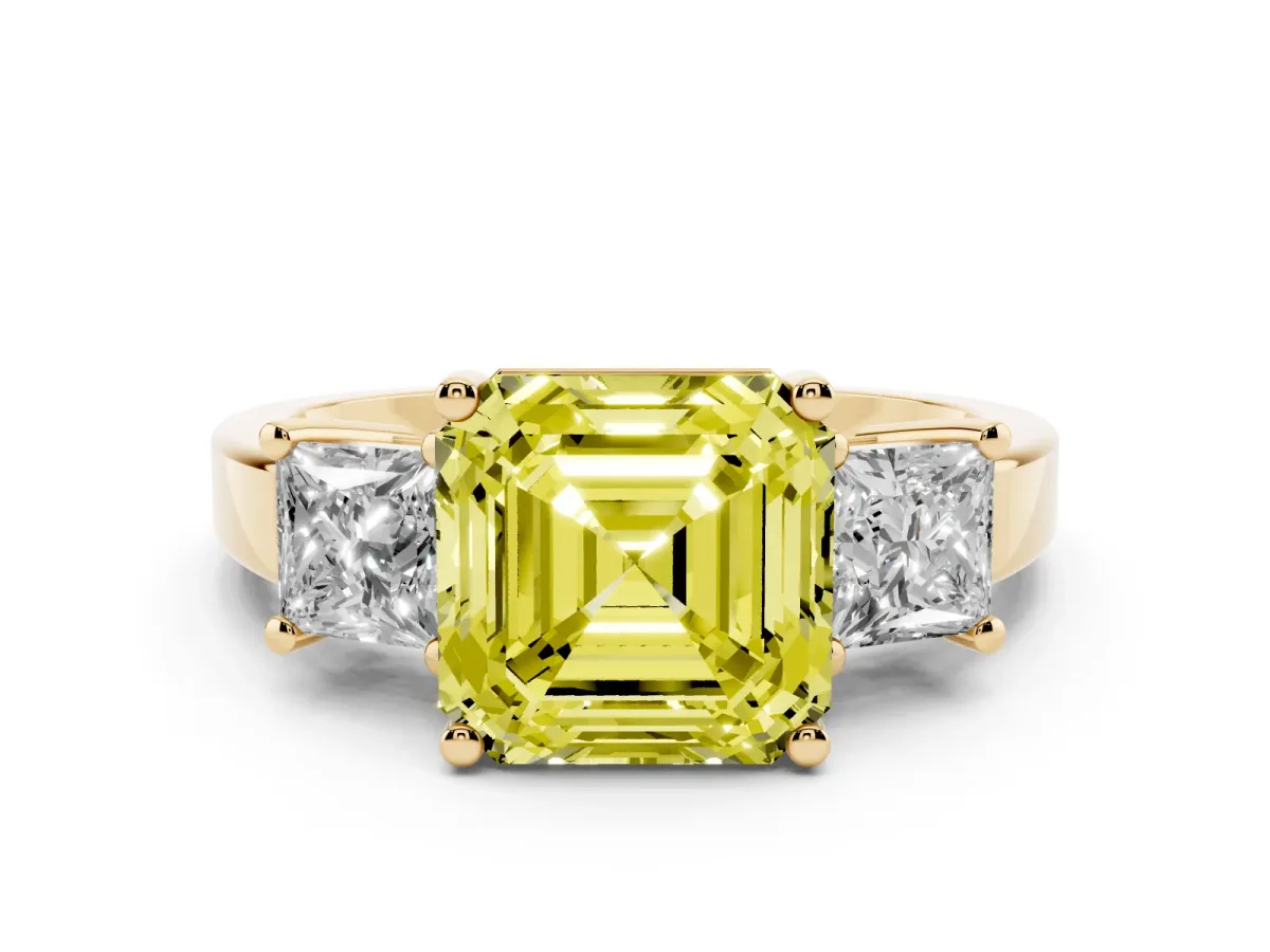Fancy Yellow Three-Stone Asscher Cut Cut Solitaire Ring with Prong Setting Yellow gold