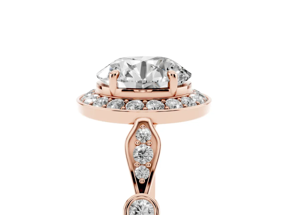 Round Cut Halo Diamond Engagement Ring with Twisted Band and Four-Prong Setting Rose gold