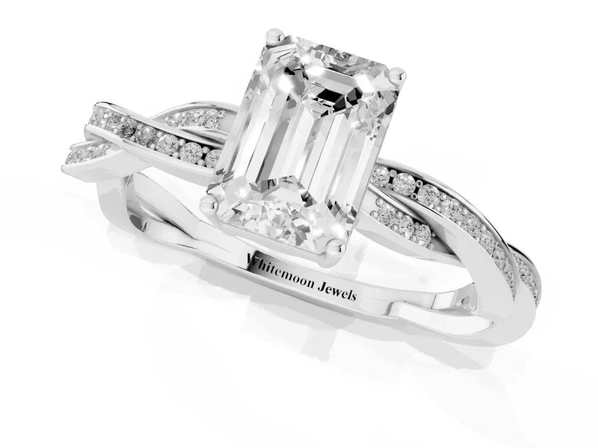 Emerald Cut Solitaire Twisted Pave Diamond Ring with Four-Prong Setting Silver