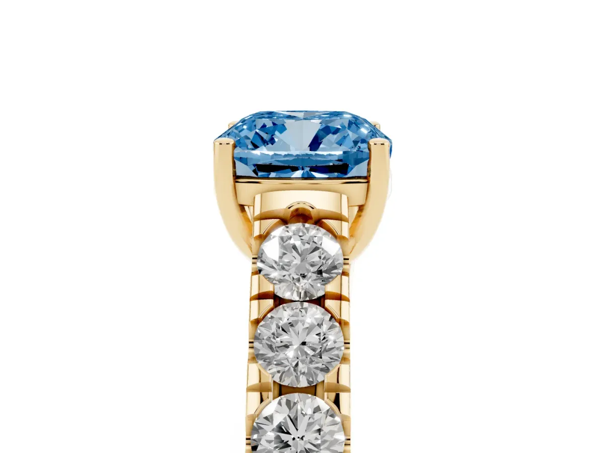 Fancy Blue Cushion Cut Cut Diamond Solitaire Ring with Micro Pave Band and Prong Setting Yellow gold