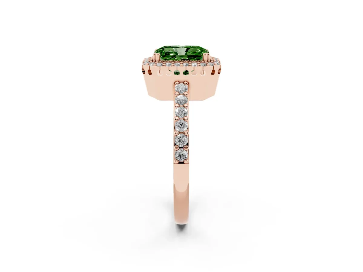 Fancy Green Radiant Cut Cut Diamond Halo Engagement Ring with Milgrain Detail and Pavé Band Rose gold
