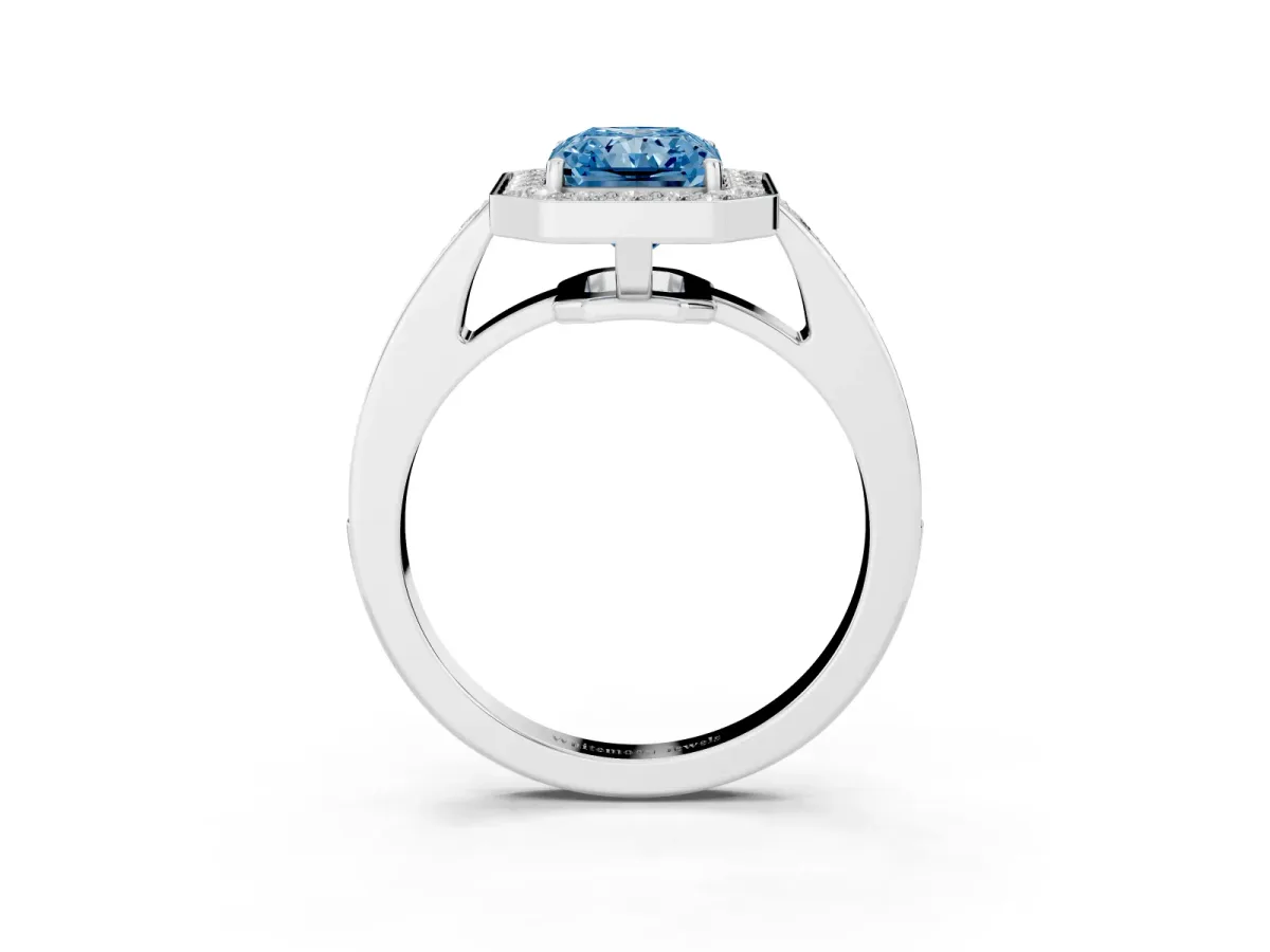 Fancy Blue Radiant Cut Halo Pavé Diamond Engagement Ring with Bezel Setting Platinum