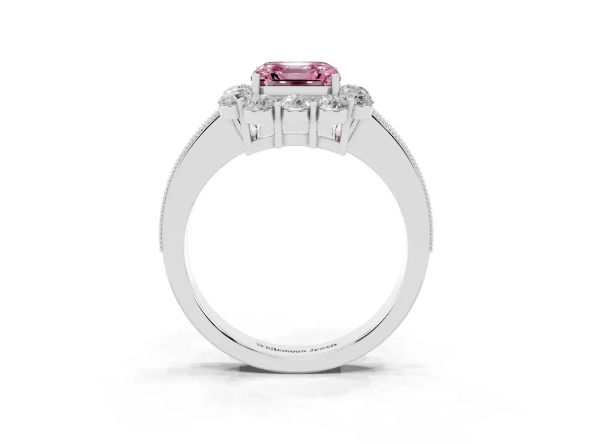 Fancy Pink Asscher Cut Cut Halo Diamond Pavé Engagement Ring with Milgrain Detailing Silver