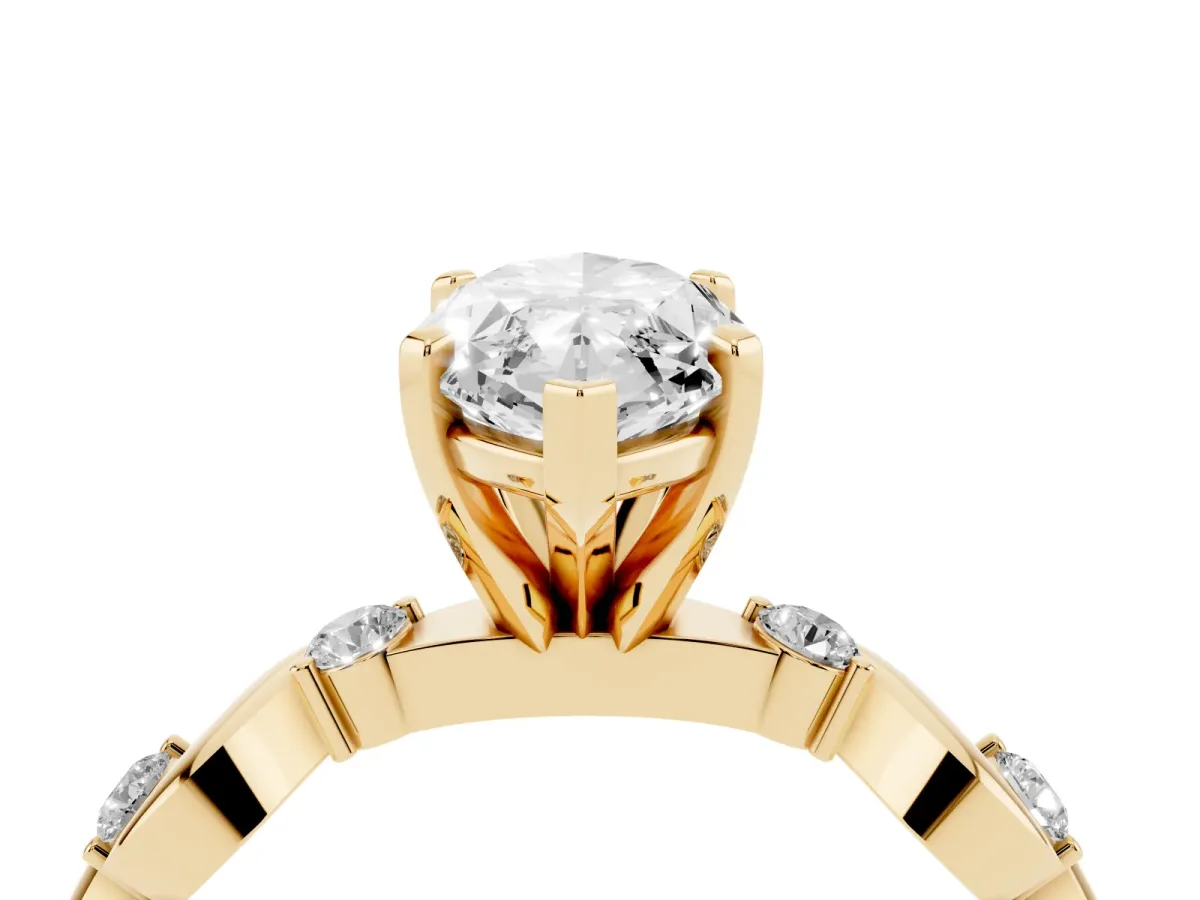 Marquise Cut Diamond Solitaire Twisted Band with Round Accents and Prong Setting Yellow gold