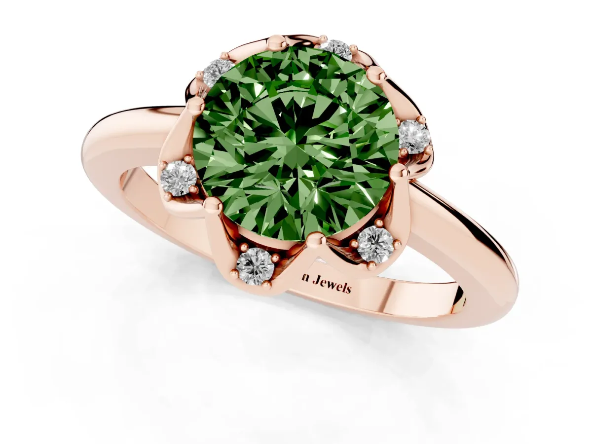 Fancy Green Round Cut Halo Diamond Ring with Round Cluster Setting, Solitaire Band, and Four-Prong Setting Rose gold