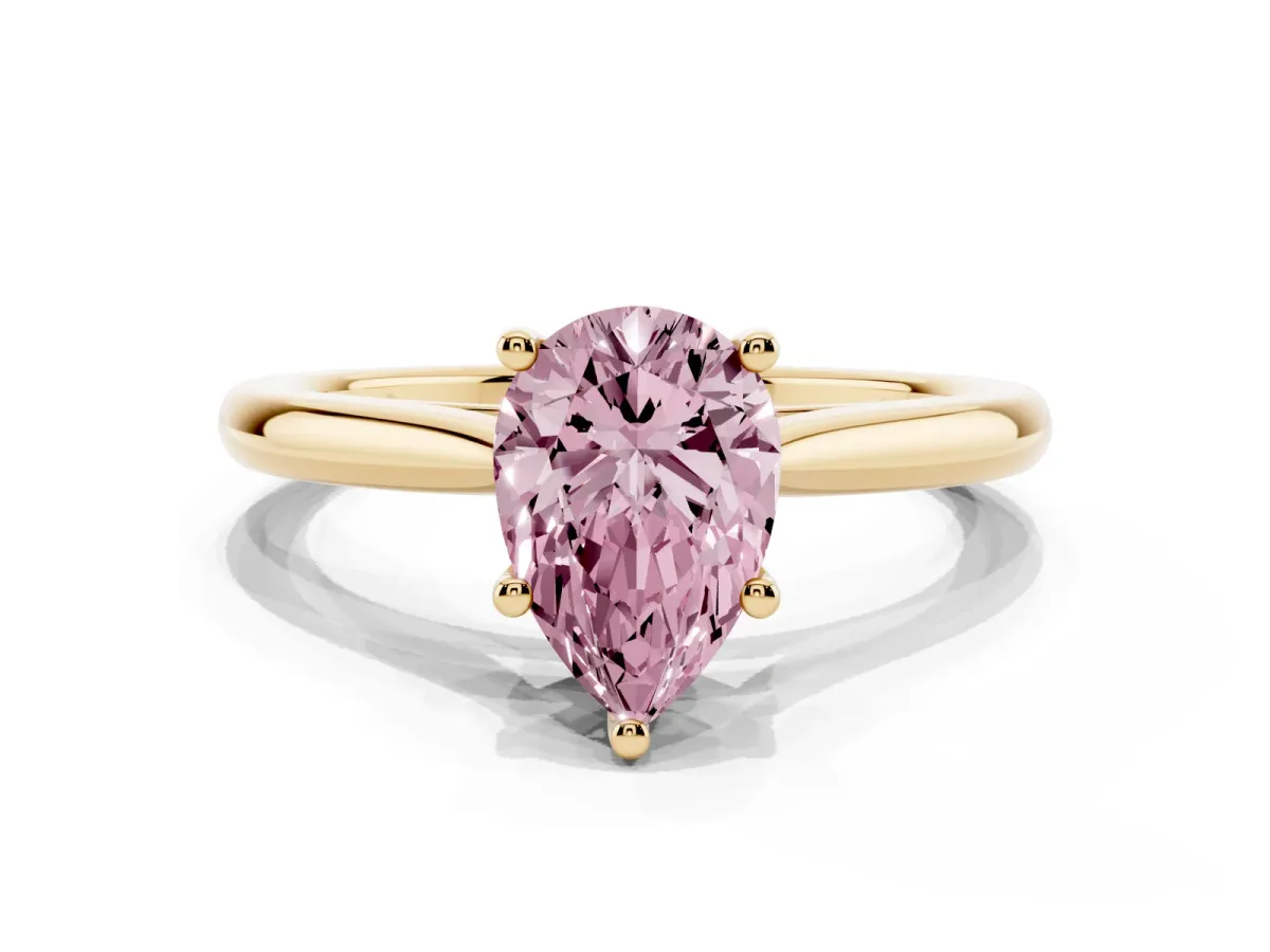 Fancy Pink Pear Cut Cut Solitaire Ring with Cathedral Band and Four-Prong Setting Yellow gold