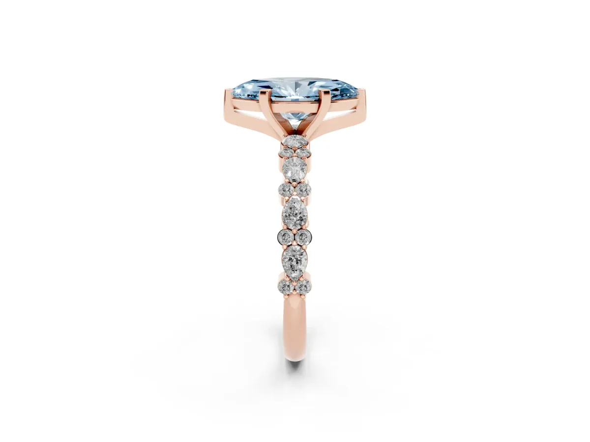 Fancy Blue Marquise Cut Diamond Side Stone Solitaire Ring with Round and Four-Prong Setting Rose gold