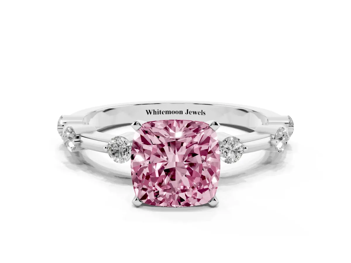 Fancy Pink Cushion Cut Solitaire Diamond Ring with Bezel Set Side Stones and Prong Setting Silver