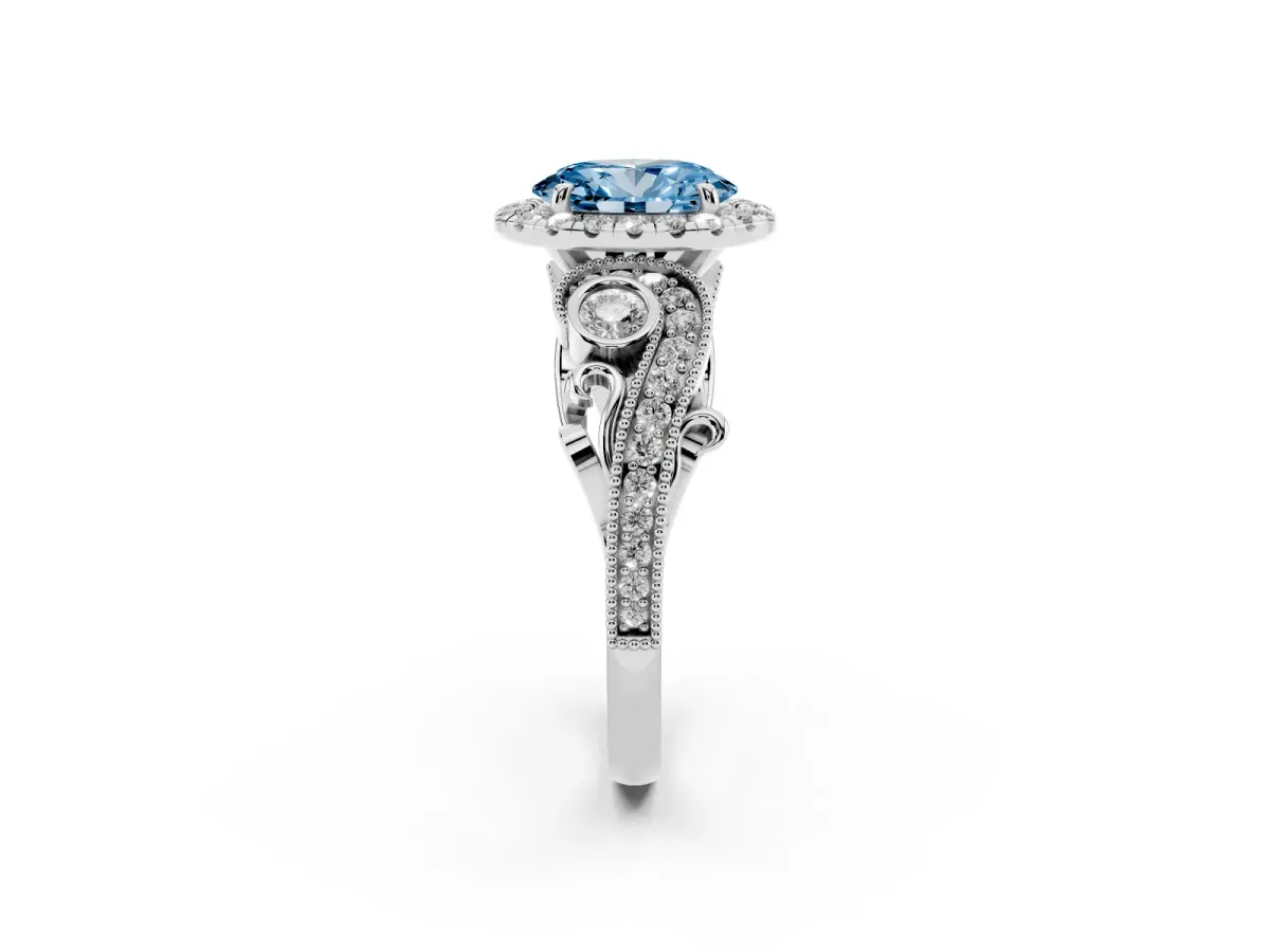 Fancy Blue Oval Cut Diamond Halo Ring with Milgrain Pavé Band and Four-Prong Setting Silver