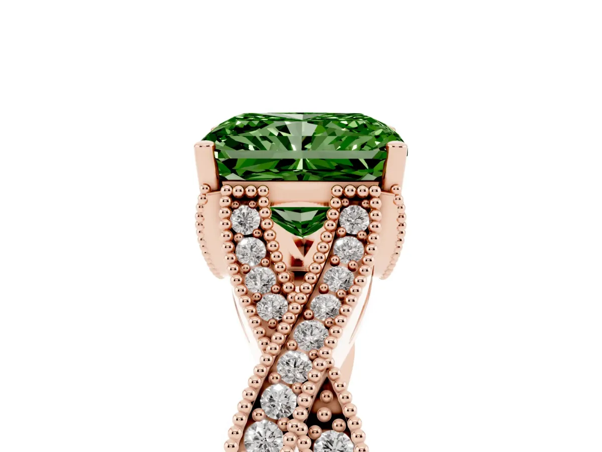 Fancy Green Radiant Cut Cut Diamond Twisted Band with Milgrain Pave Setting and Four-Prong Setting Rose gold