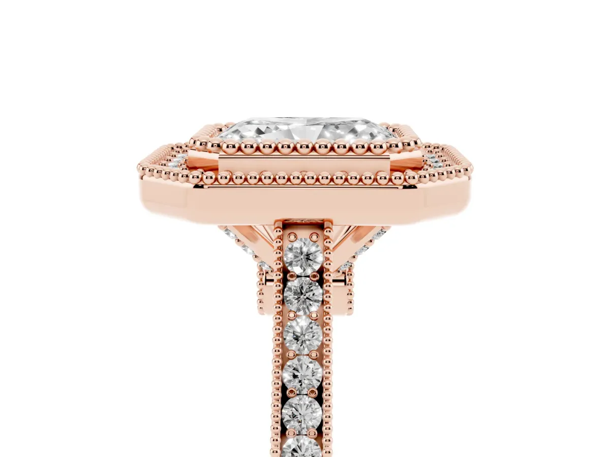 Radiant Cut Diamond Halo Ring with Milgrain Frame and Pavé Band Rose gold