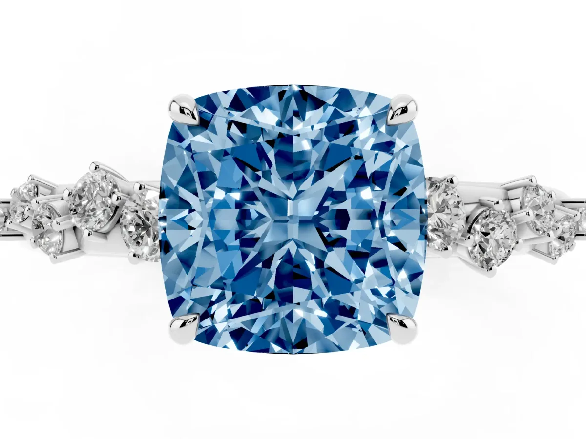 Fancy Blue Cushion Cut Diamond Cluster Prong-Set Solitaire Ring Platinum