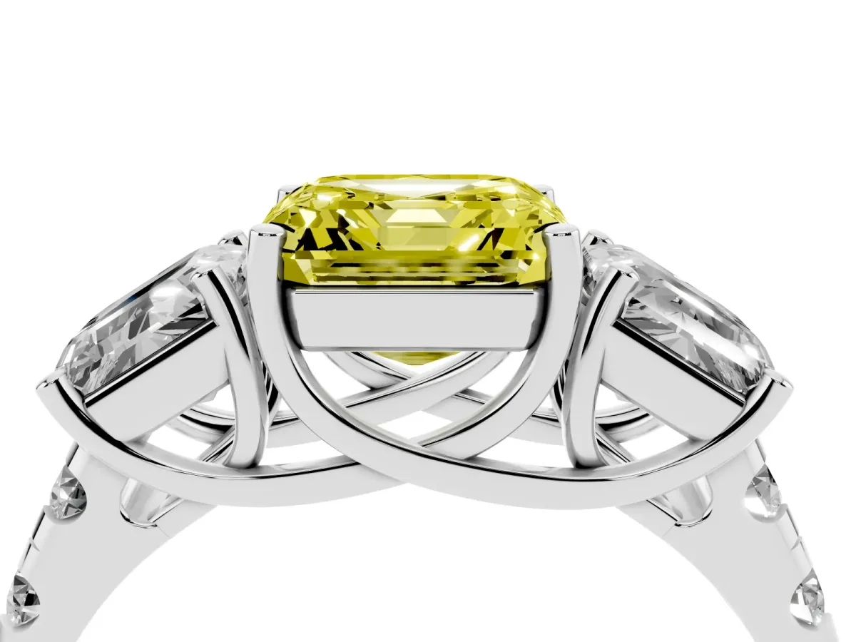 Fancy Yellow Three-Stone Asscher Cut Diamond Pavé Band with Prong Setting Platinum