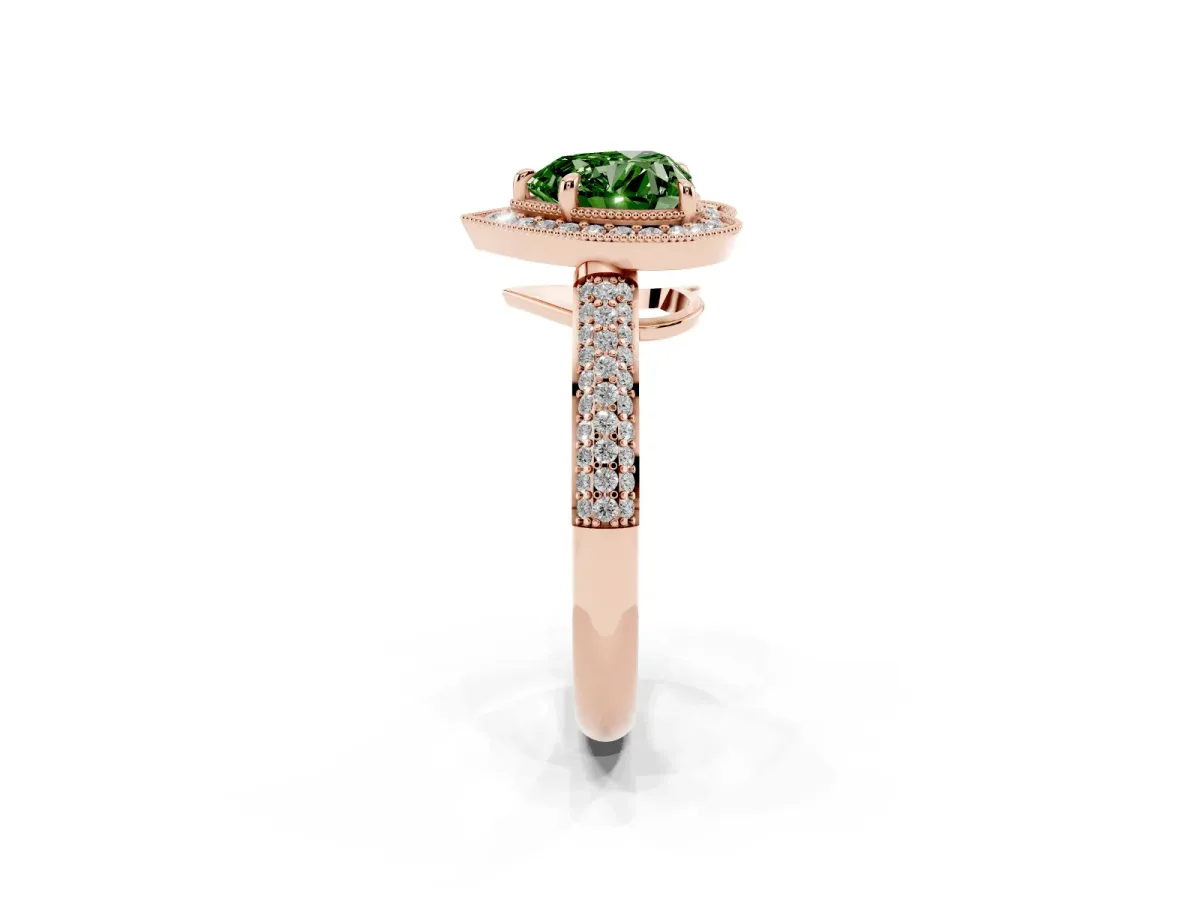 Fancy Green Heart Cut Cut Halo Diamond Pave Band with Four-Prong Setting Rose gold