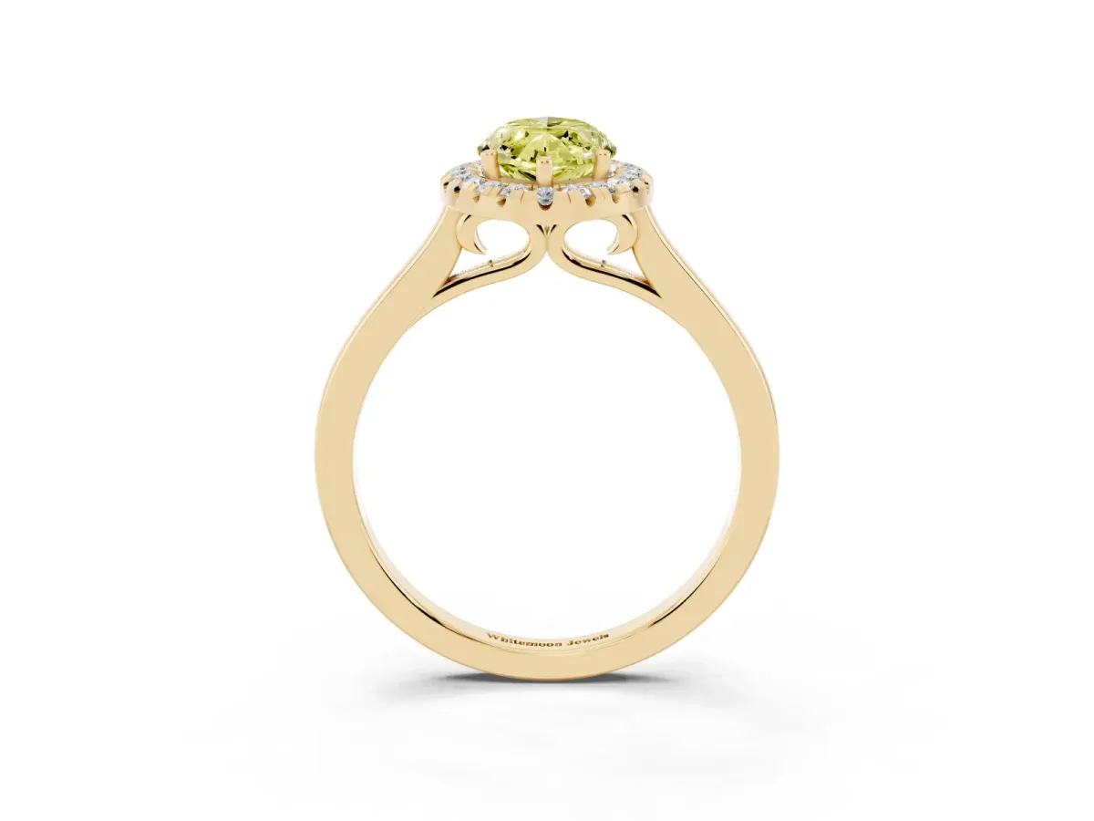 Fancy Yellow Marquise Cut Halo Round Diamond Solitaire Ring with Pavé Band and Four-Prong Setting Yellow gold