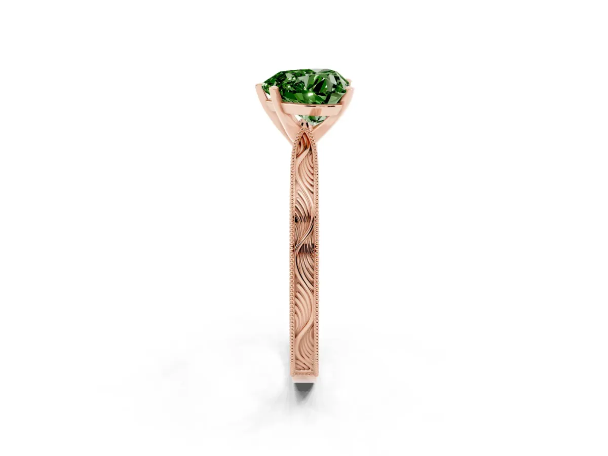 Fancy Green Heart Cut Solitaire Milgrain Engraved Band with Four-Prong Setting Rose gold