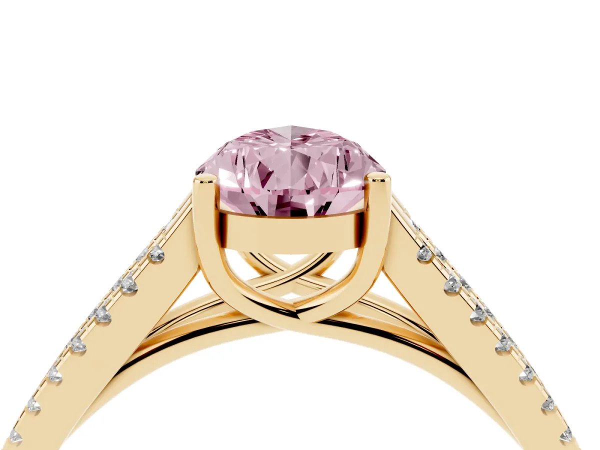 Fancy Pink Pear Cut Diamond Solitaire Engagement Ring with Split Shank Pavé Band Yellow gold