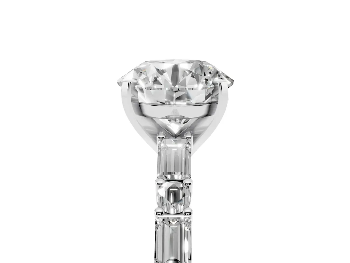 Round Cut Diamond Solitaire with Side Baguettes and Channel Set Band Silver