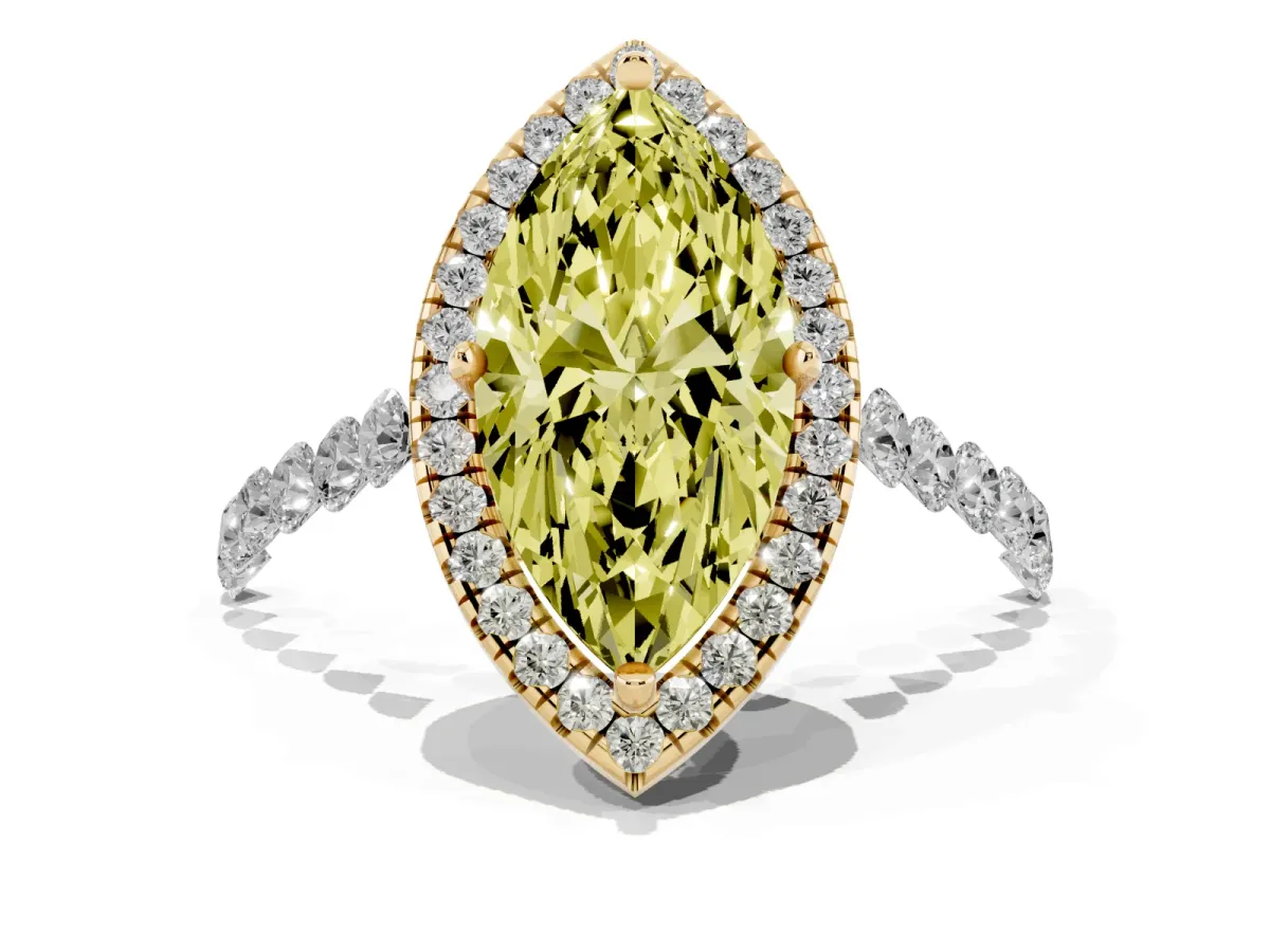 Fancy Yellow Marquise Cut Halo Pavé Diamond Engagement Ring with Four-Prong Setting Yellow gold