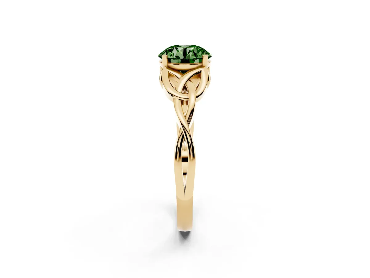 Fancy Green Round Cut Diamond Solitaire Engagement Ring with Celtic Knot Band and Four-Prong Setting Yellow gold