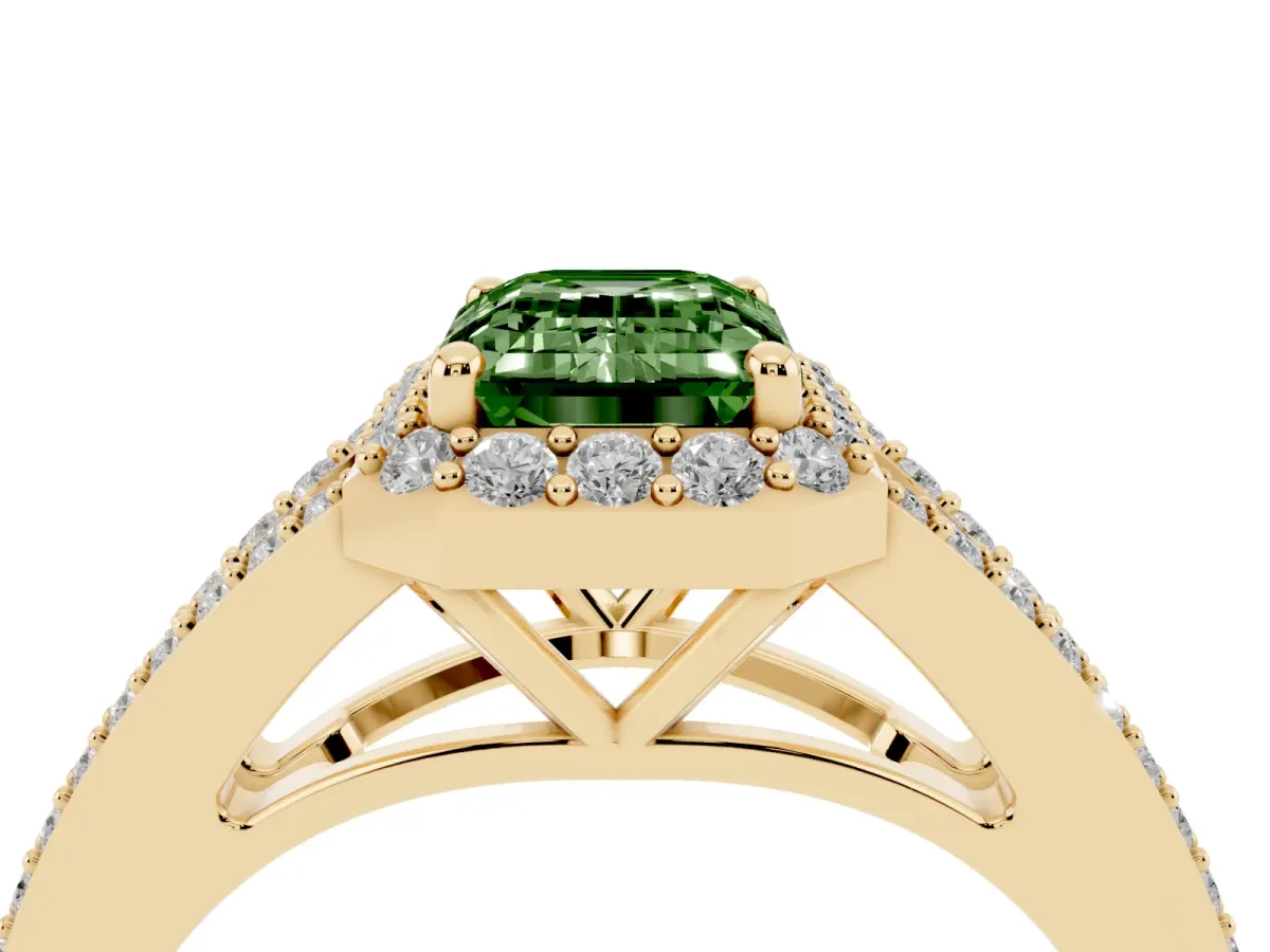 Fancy Green Emerald Cut Halo Split Shank Diamond Ring with Prong Setting Yellow gold
