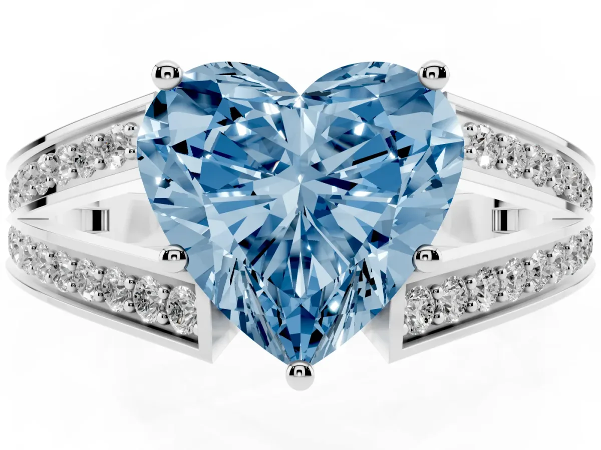 Fancy Blue Heart Cut Diamond Split Shank Ring with Pavé Band and Four-Prong Setting Platinum
