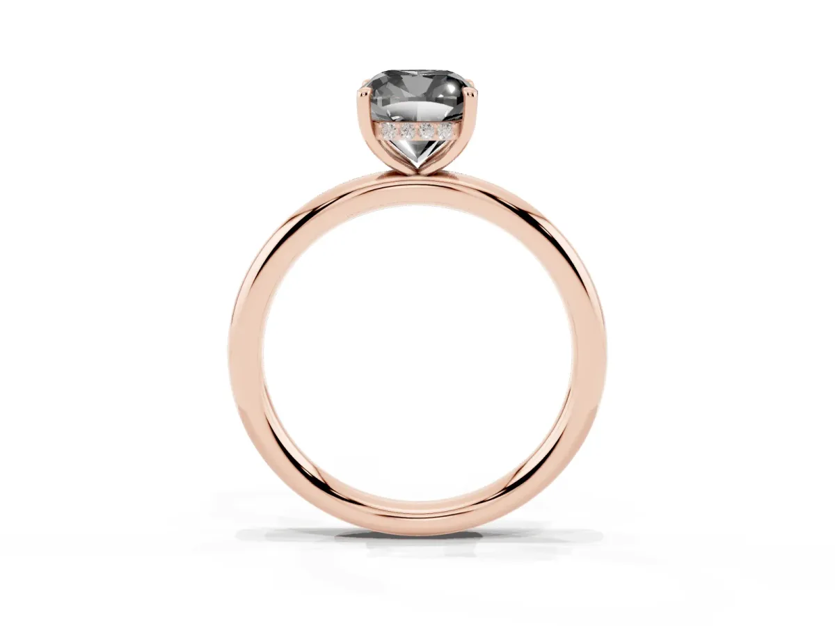 Fancy Black Cushion Cut Diamond Solitaire Ring with Thin Band and Four-Prong Setting Rose gold